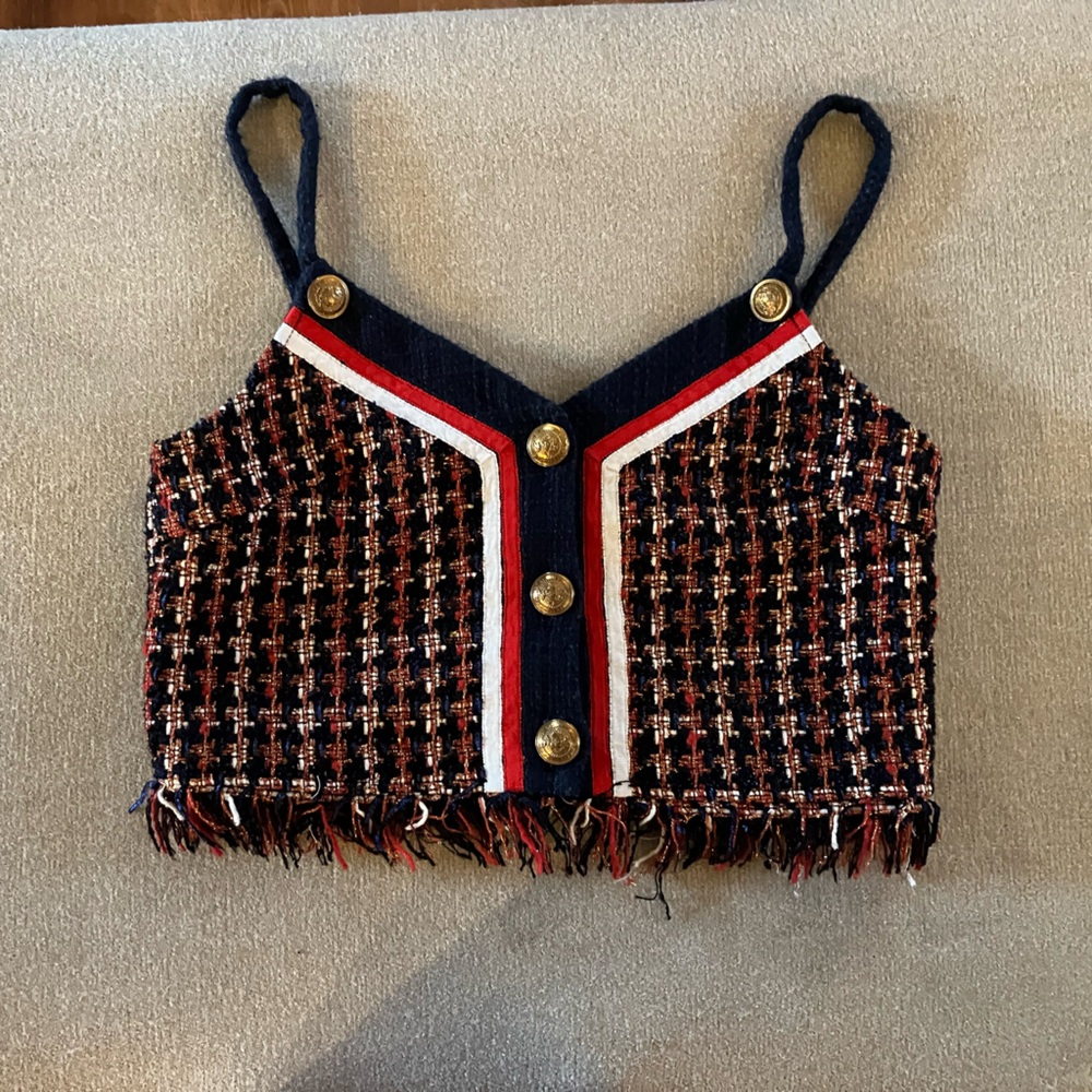 Chic Tweed Crop Top with Gold Buttons